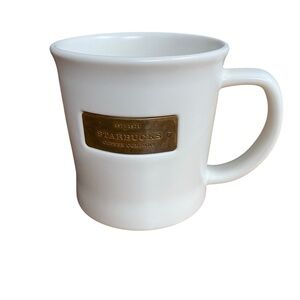 Starbucks White Ceramic Mug 2010 Minimalist Design copper color metal logo plate
